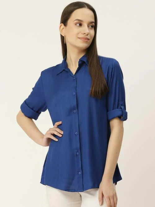 UR SENSE Women Dark Blue Solid Viscose Rayon Shirt