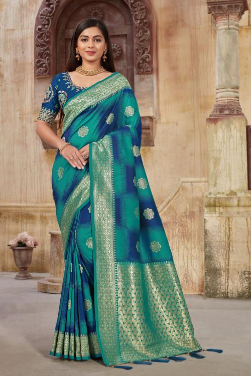 Manohari Women's Banarasi Silk Woven Blue Saree with Unstitch Blouse