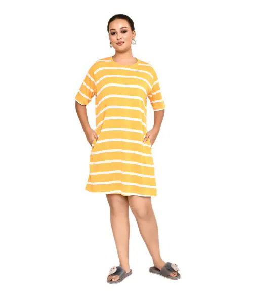 Roy's Presents Stripped Knee Length Round Neck Cotton Blend A-Line Dresses For Women Perfect As a Tshirt Dress | Summer Wear Everyday Dress - Gold & White, Size - XL