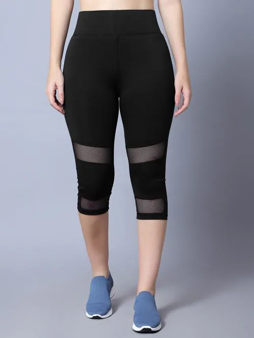 DIAZ Women's 3/4 Gym Wear Tights for Women with Mesh Perfect for Active Wear, Yoga & Workout Gym Pants for Women & Girls Colour Black Size S