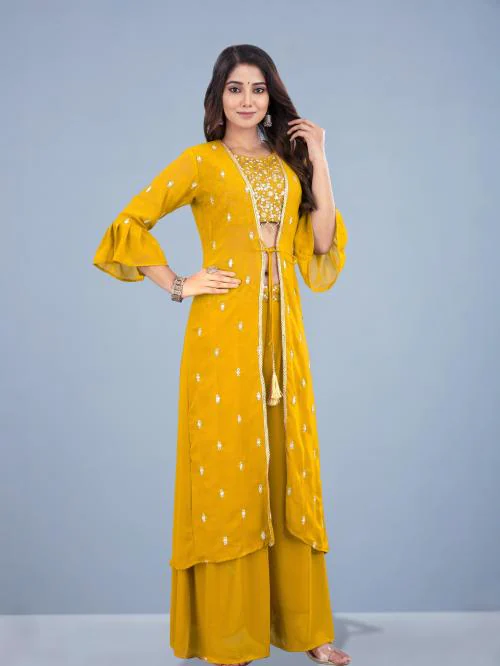 SANCIA Women Georgette Ethnic Top Palazzo Ethnic Jacket Set | Kurta Set For Women | Ethnic Wear Set For Women | Casual Indian Wear (Yellow) (M)