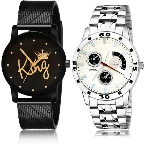 NEUTRON New Quartz King And Chain Watch Black And Silver Colour Analog Metal And Stainless Steel Belt 2 Watch Combo For Boys And Men - BCPL24-B85