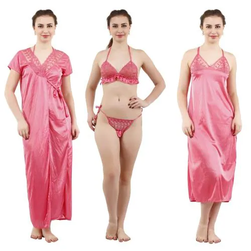 REPOSEY Women's Satin Solid Maxi Length Nighty with Robe and Bra with Panty (4PC415A369__Free Size) (Pack of 4)