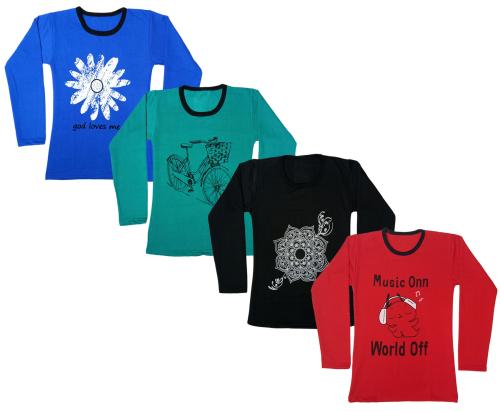 IndiWeaves Fleece Warm Printed T-Shirts for Girls Winter Wear (Pack of 4) Multicolor