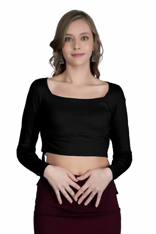 THE BLAZZE B1897 Women Cotton Square Neck Full Sleeves Adjustable Drawstring Crop Tops Black Readymade Saree Blouse for Women