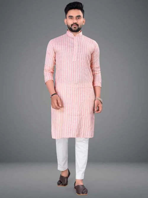 Plusifye Men Pink, White Printed Cotton Blend A-Line Kurta (M)