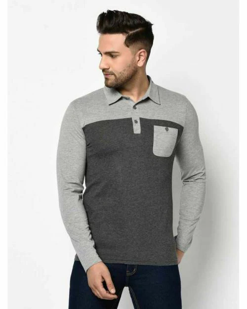 Buy Glito striped Grey & Black Full Sleeves Polo Tshirts For Men's