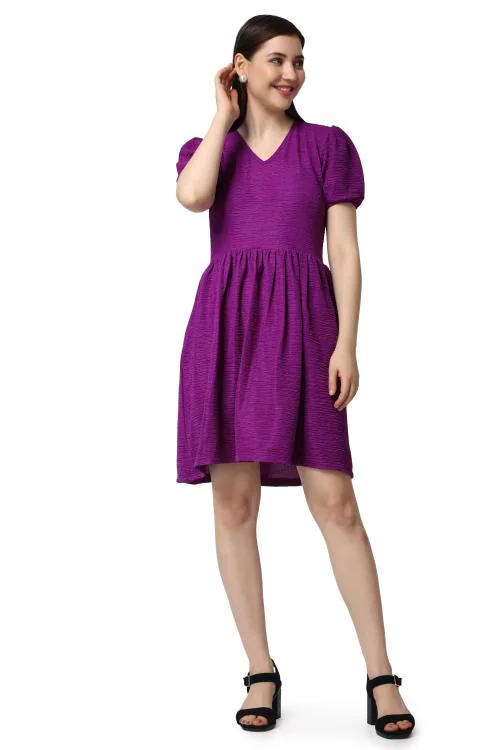 Popwings Women Casual Self Crush Design Purple Solid Knee Length ...