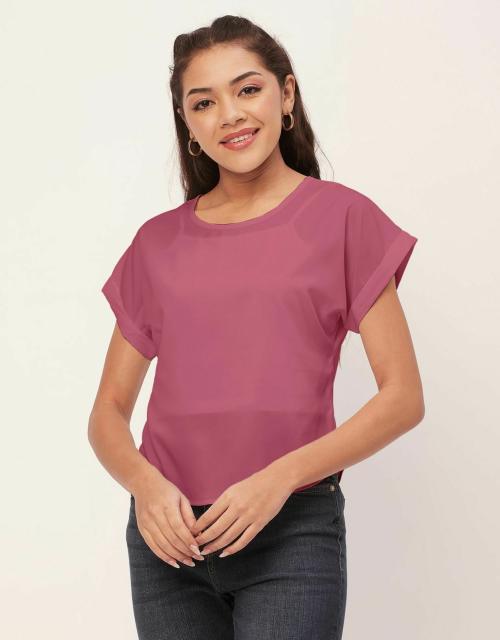 Moomaya Solid Color Basic Tops For Women, Short Sleeve Round Neck Crepe Tops
