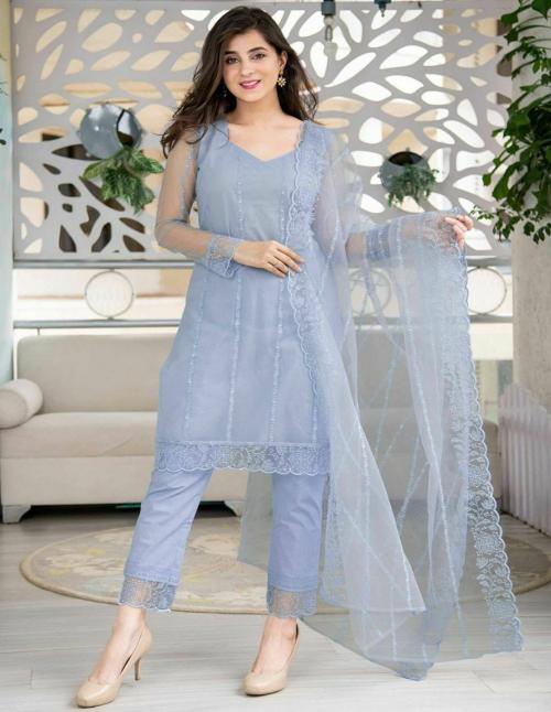 stylehoney Women Rayon Cotton , Net Kurta Pant Dupatta Set (Greyish Blue) (SMALL)