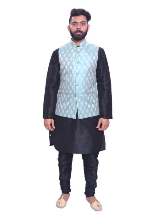 Mag Men's Black Matching Kurta Churidar With Dark Slate Gray Waistcoat