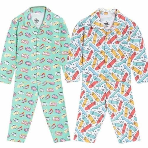 BABY PARK NS The Mom Store Kids Pajama Set Combo | Cotton | Nightwear |Night Suit | Sleepwear for Baby/Kids | Soft | Comfortable | Cool Prints | for Boys and Girls |Ready To Skate & Mighty Fighter | Size-6-7-Year