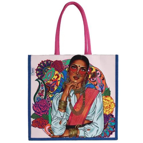JUTIFY naturally stylish Eco-Friendly Printed Unisex Jute Shopping Bag, Women's Tote Bag , Spacious, Stylish, Sturdy Handbag ,For Daily and Office Use,pop shopper jute -desi (42cm x 40cm x 15cm)