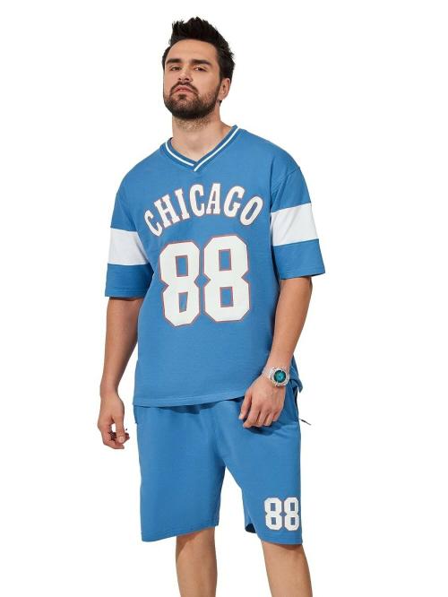 Maniac/Maniac tracksuit/track_suit/Mens Tracksuit/Mens Printed V Neck Half Sleeve Denim Blue Oversized Cotton T-Shirt