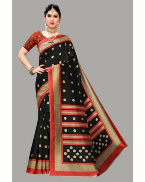 VKARAN Women's Black Art Silk Printed Saree With Unstithed Blouse(FL-SSC-DAMYANTI BLACK, Free Size)