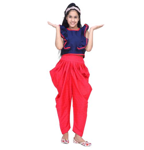 Aj Dezines Red Girls Brocade Silk Blend Printed Top and Patiala Set for Kids