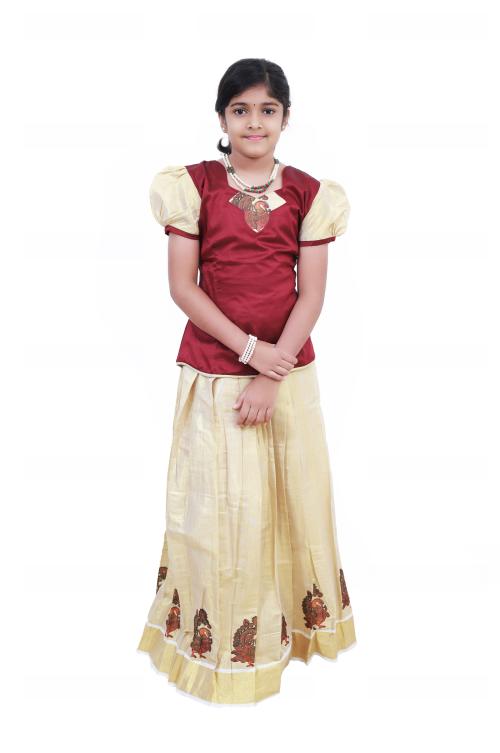 NILA Girls Traditional Readymade Pattu Pavadai silk Lehenga Choli- Maroon- 9-10 Y