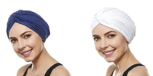 PlutoProm 2 Pieces Stretchy Turban Cap Chemo Head Wraps Bennie Twisted India's Hat for Women Girl Readymade Turban Head Wrap Lightweight Cap Headwear Sikh Pagri (Blue White)