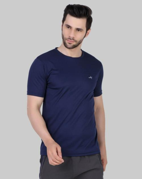 Vector X Men Dark Blue Solid Polyester Round Neck T-shirt