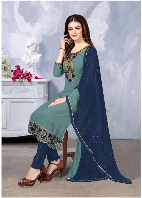 Sarvayog Fashion Women Sky Blue Embroidered Georgette Dress Material