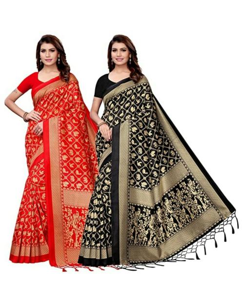 AROOPA Women Red and Black Art Silk Printed Saree Combo Set of 2 with Blouse Piece