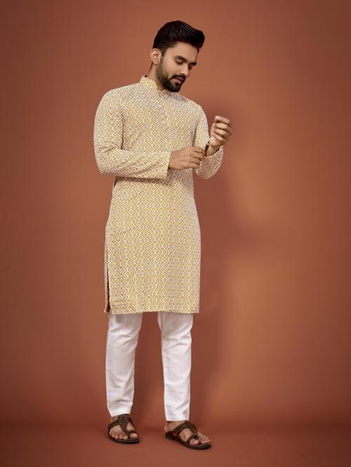 Plusifye Men Yellow Chikan Embroidery Georgette Straight Kurta (L)