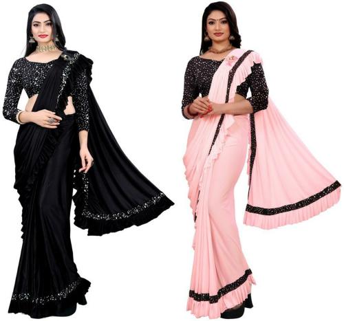 MIJAASHREE Women Black, Pink Printed Lycra Blend Pack Of 2 Bollywood Saree (Free Size)