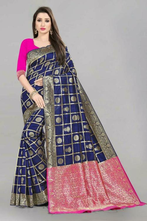 Fabcartz Women Navy Blue Embroidered Silk Blend Saree