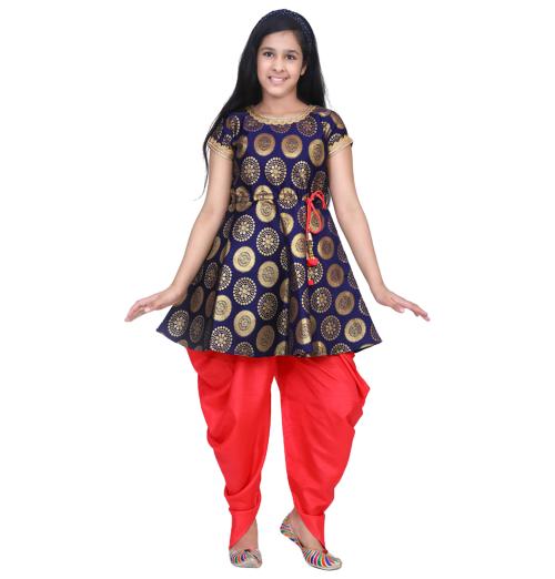 Aj Dezines Blue Girls Brocade Silk Blend Printed Top and Patiala Set for Kids