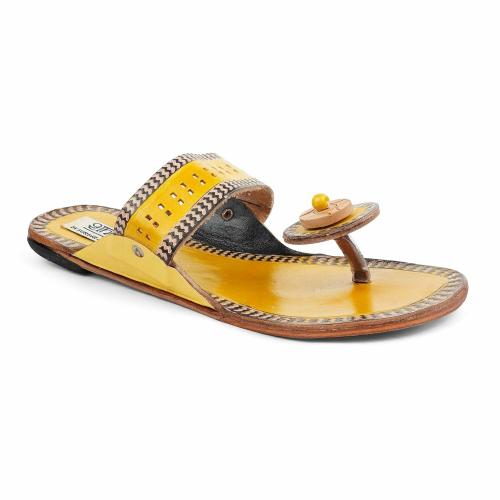 Label Shanaya Women's Footwear Ethnic Leather Hand Painted Multi Button Slippers | Musturd Traditional Kolhapuri Chappal