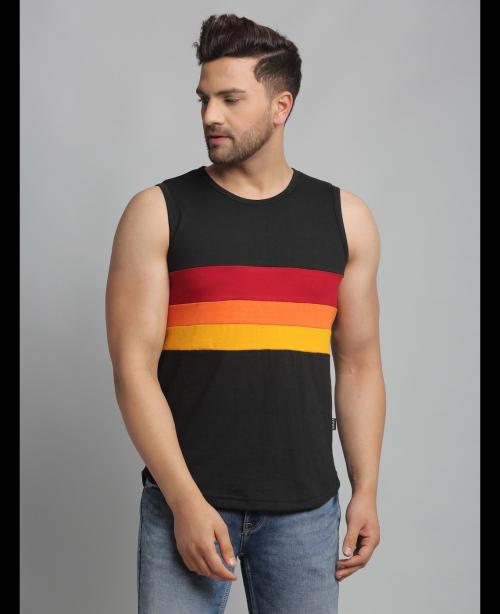 Rigo Men Black Color Block Cotton Sleeveless Vest T-Shirt
