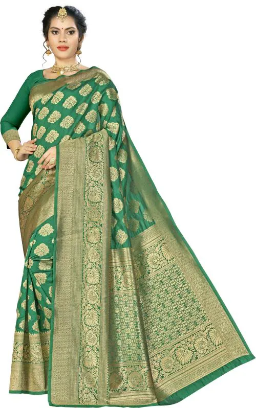 Sainoor Women Free Size Gold,Green Woven Design Art Silk Banarasi Saree