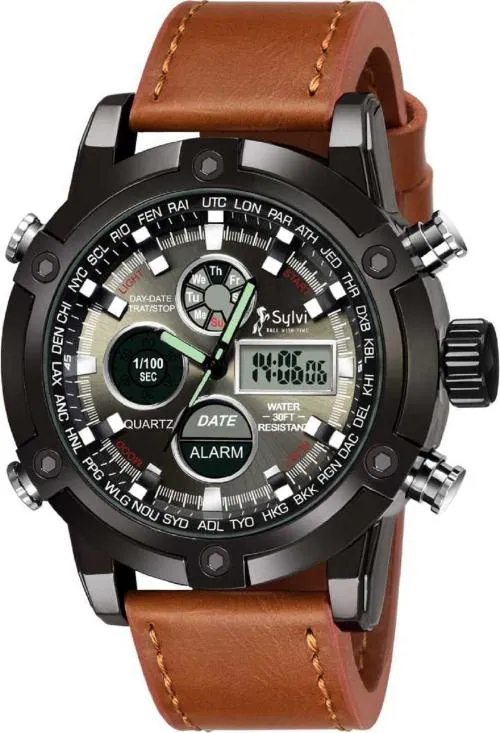 Sylvi Black Dial Brown Leather Analogue-Digital Stylish Designer Wrist Watch for Men-3022BRW