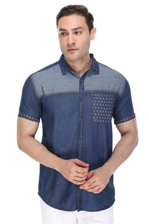 Kuons Avenue Carbon Blue Men's Half Sleeve Denim Shirt