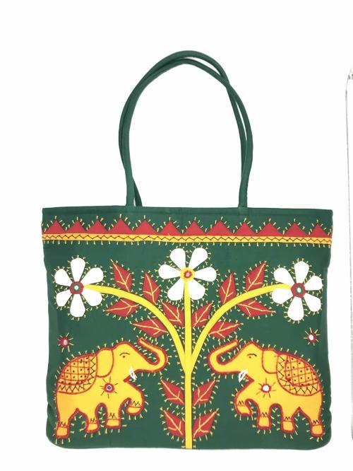 SriAog Handmade Large Tote Bag for Women with Zip Stylish Cotton Handbags for Girls Gift Items Elephant Embroidery Green Shoulder bag