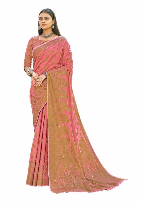Reeta Fashion Gorgeous Dusky Pink Cotton Siroski Stone Work Saree with Unstitched Blouse