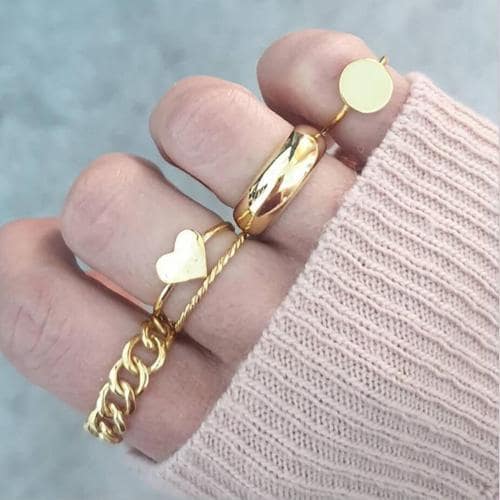 ARZONAI new chain ring female geometric love heart disc gold joint ring set 5-piece set Metal Chain Ring - Multi Finger