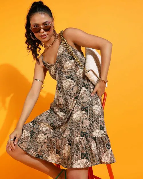 Popwings Women Casual Dark Green Paisely Printed Fit & Flare Dress | Women Printed Dress | Sleeveless Dress | Knee Length Dress | V Neck Dress