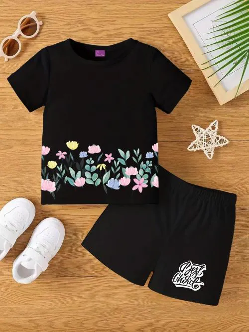 DE TEES GIRLS PRINTED TOP AND BOTTOM SET 160GSM COTTON JERSEY_Black_7-8 Y