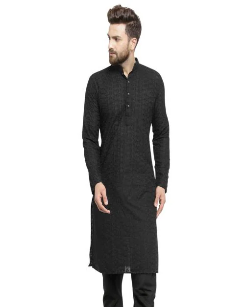 Embroidered Cotton Chikankari Black Kurta Size Small