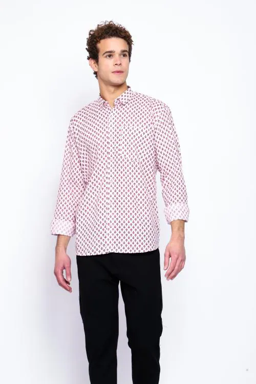 AakarTaro Men's Cotton Pink Printed Shirt