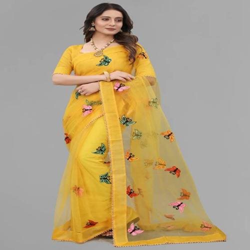 AVSAR TRENDZ Self Design Embellished Bollywood Net Saree  (Yellow) l Saree l For Women and Girls l Net l Ethnic Wear l Latest Design
