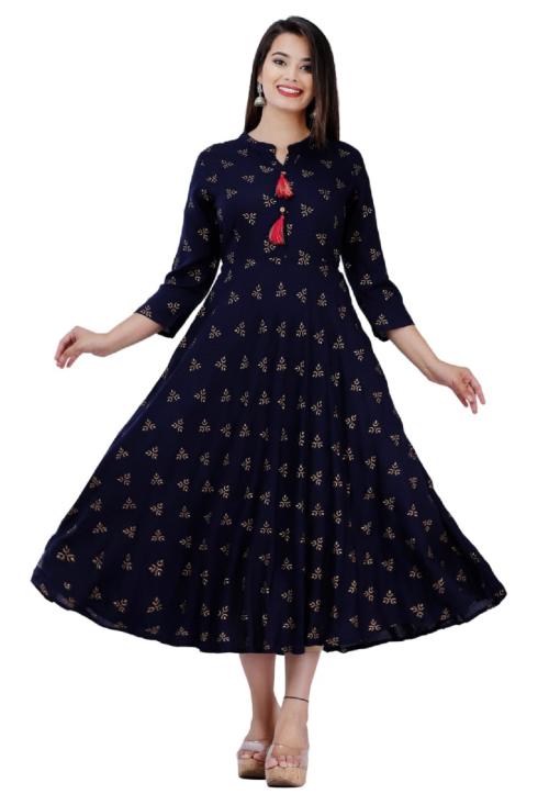 SLF Women's Rayon Printed Anarkali Kurti (Blue-XL)