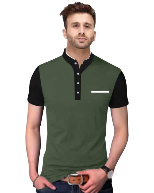FastColors Mandrain Collar Green Black Half Sleeve T-Shirt