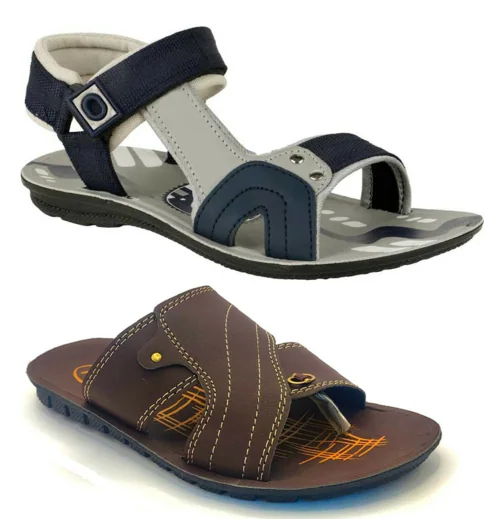Genial Men's Combo Pack of Sandals & Slippers (Blue & Brown)