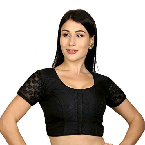 Rinkoo Women's Jacquard Polka Dots Short Sleeve Readymade Saree Blouse (R015-BLACK_36_Black_Small)