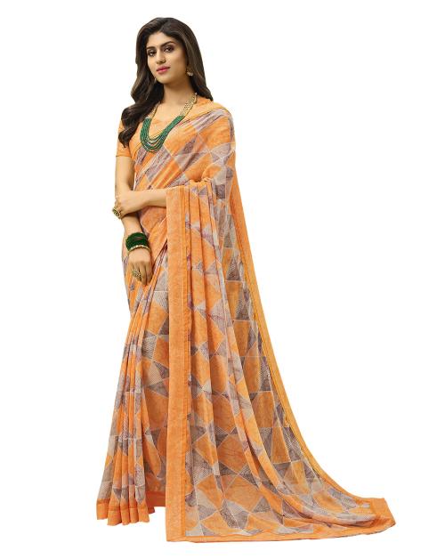 Peach Georgette Abstract Print with lace border Saree