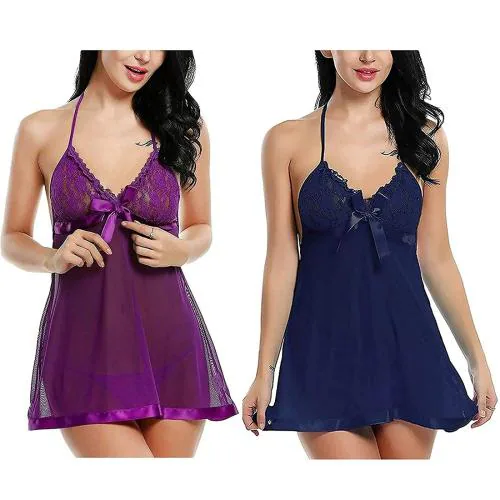 FASHION BONES Baby Doll Nightwear Robe | Kimono Lingerie | Negligee | Sleep Dress & Bra Panty Hot Sexy for Honeymoon, First Night, Anniversary for Women, Ladies & Girls (Purple & Navy Blue) (Free Size)