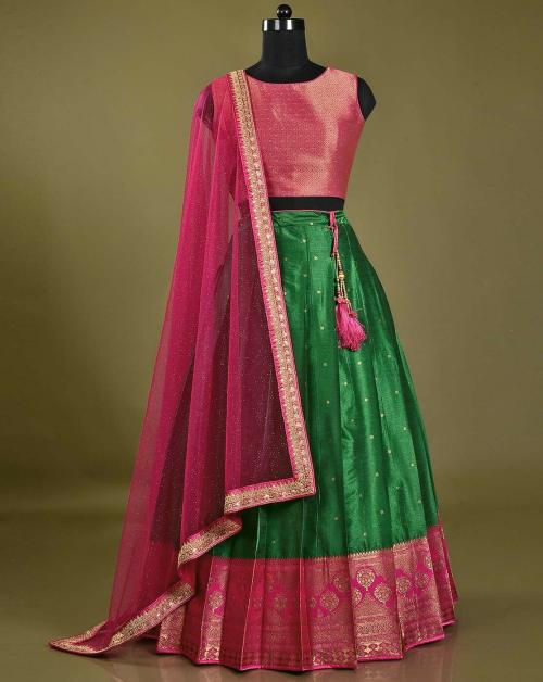 HALFSAREE STUDIO Green and Pink Banarasi silk Pattu Pavadai for Girls
