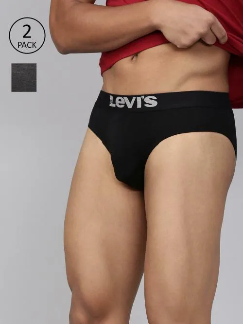 Levi's Men's Dark Grey Melange , Black Solid 100% Cotton Pack of 2 Briefs